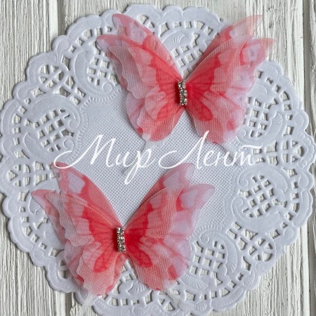 Шифоновая бабочка трехслойная со стразами (хамелеон), 6х5,5 см, розово-коралловая, упаковка 25 шт.