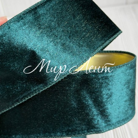 Лента бархатная с проволокой, 6,3 см, изумрудная, рулон 9 м