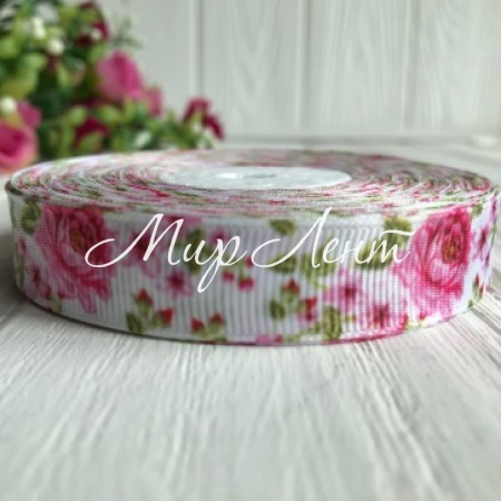 Репс 1,5 см, малиновая роза с листиками на белом, рулон 23 м
