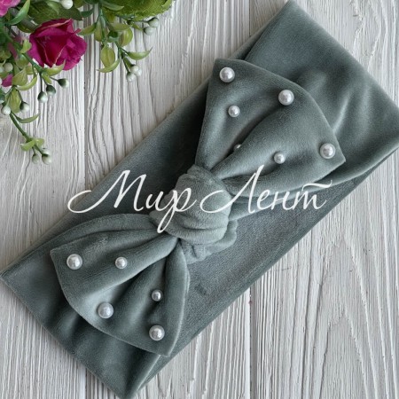 Повязка спорт велюр бант с жемчугом, 9,5 см, мятный, шт.