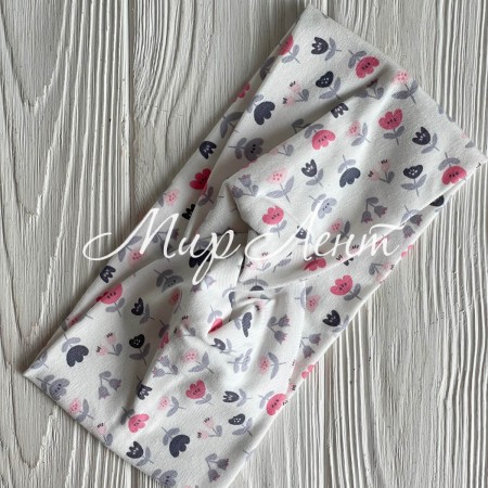 Повязка турецкий трикотаж, 21х10 см, белая с серо-коралловыми цветочками, шт. 