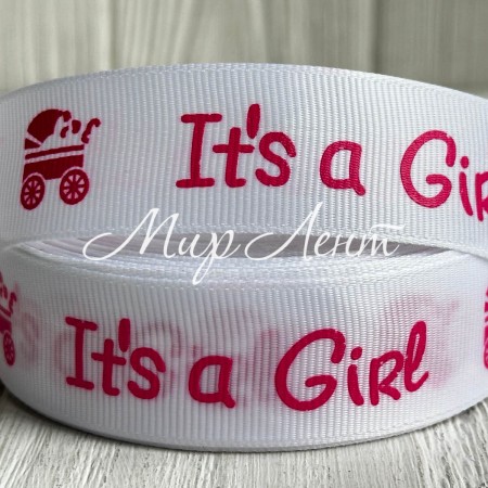 Репс 2,5 см, It's a Girl, білий, рулон 23 м
