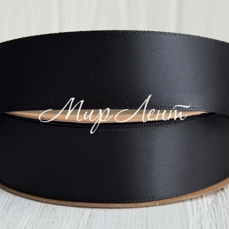 Двостороння атласна стрічка New (преміум), 2,5 см, чорна, рулон 23 м