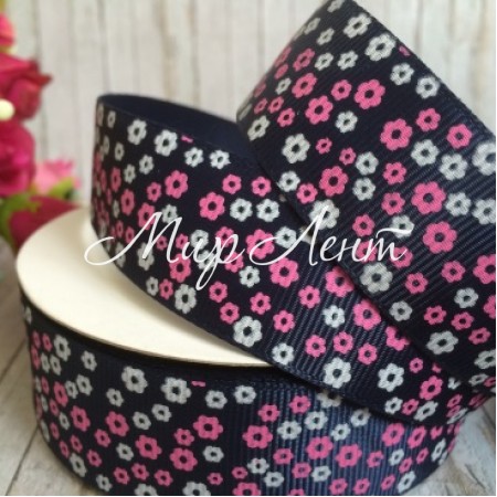 Репс 2,5 см, маленький цветочек, сапфировый, рулон 23 м