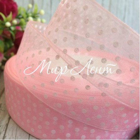 Органза 2,5 см, горох, светло-розовая, рулон 45 м