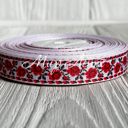 Репс 1,5 см, з вишитими червоними трояндами, білий, рулон 23 м