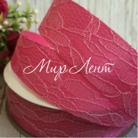 Атлас 2,5 см, кружево,  светло-малиновый, рулон 17,5 м