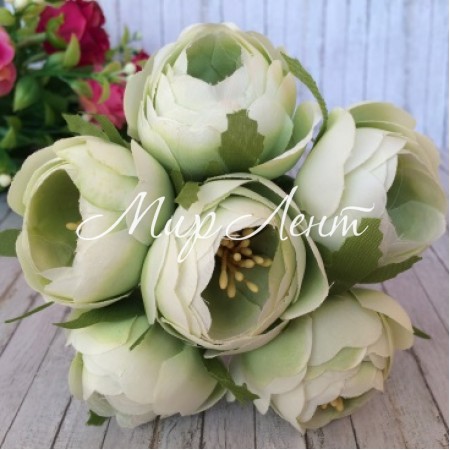 Півонії тканинні на гілочці, 4 см, біло-зелені, упаковка 30 шт.