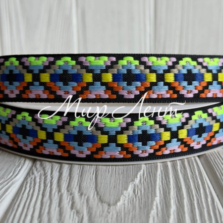 Лента с вышивкой (D19877), 2,5 см, черно-салатово-голубая, рулон 23 м