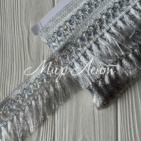 Тесьма с бахромой (D30082), 6,5 см, серебро, рулон 13 м