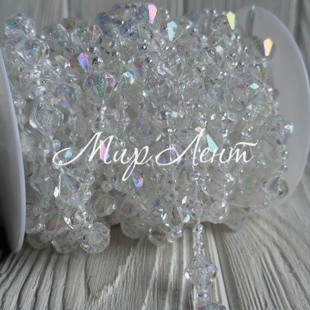 Хрустальная лента-бусинка (С30655), 12+3 мм, перламутровая ромбовидная, рулон 10 м