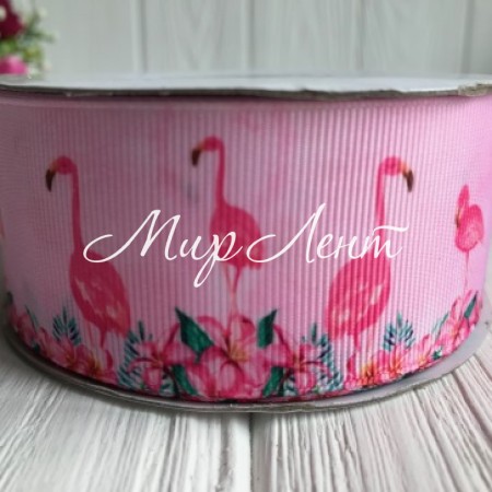 Репс 4 см, фламинго на розовом, рулон 23 м