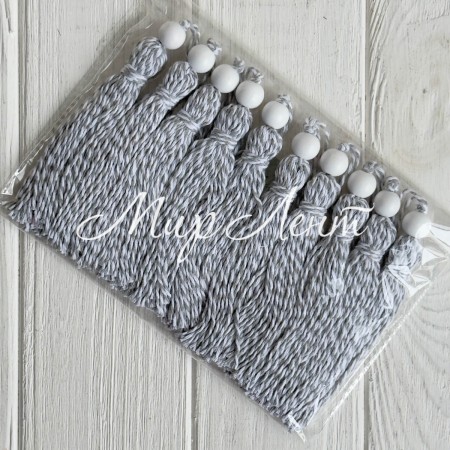 Кисточка декоративная с хлопка (D30196), 22 см, серо-белая, упаковка 10 шт.