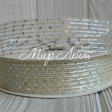 Лента с паетками (D30322), 3 см, молочная, рулон 12 м