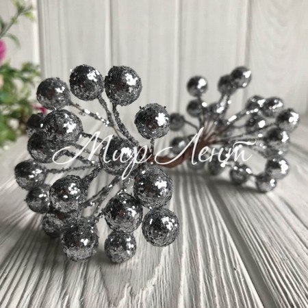 Ягідки з блискітками, 12 мм, срібло, упаковка 400 шт.