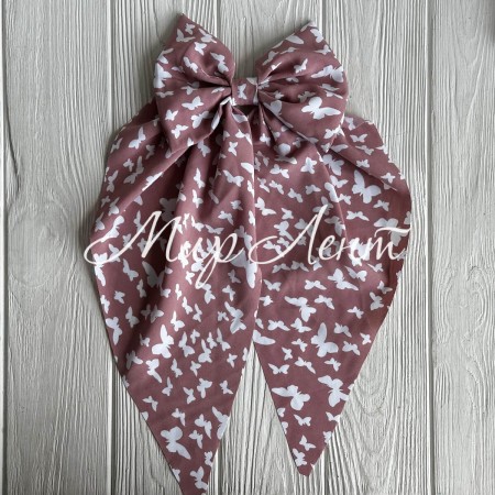 Резинка (уточка) большой бант платок с бабочками, 14х35 см, пудровая, шт.