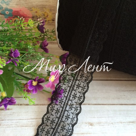 Кружево цветочек, 4,5 см, черное, (не стрейчевое), бобина 300 ярдов (270 м)