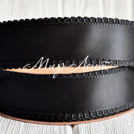 Атлас двусторонний с кантом, 2,5 см, черный, рулон 18,5 м