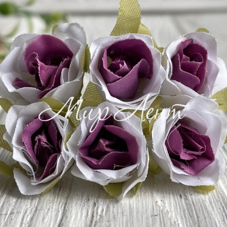 Роза тканинна, 2 см, біло-фіолетова, упаковка 10 пучків