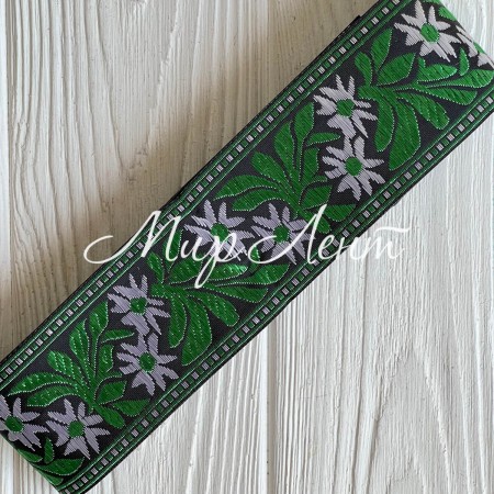 Тесьма вышиванка (барвинок), 5 см, бело-зеленый на черном, рулон 9 м