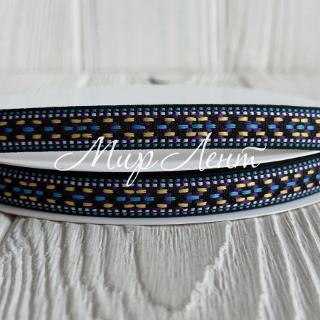 Лента с вышивкой (D19875), 1,3 см, черно-фиолетово-голубая, рулон 23 м