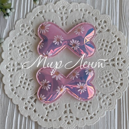 Аппликация лаковый бантик с ромашками, 6,3х3,8 см, розовая, упаковка 20 шт.