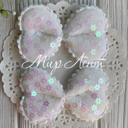 Аппликация бант с паетками-цветочками (большой), 9,5х6,5 см, белый, упаковка 20 шт.