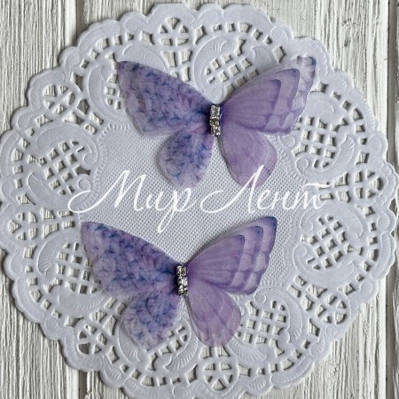 Шифоновий метелик тришаровий зі стразами (двосторонній), 5,4х4,2 см, лілово-фіолетовий, упаковка 25 шт.