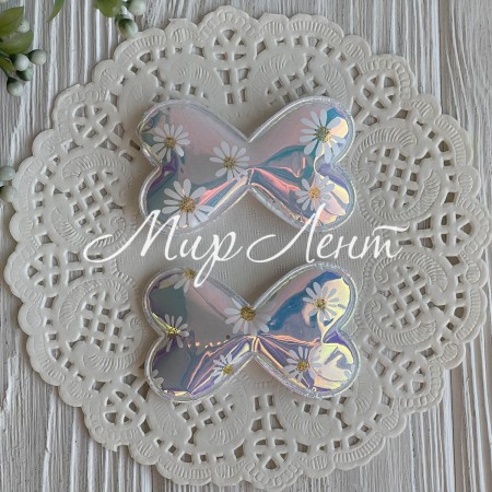 Аппликация лаковый бантик с ромашками, 6,3х3,8 см, белая, упаковка 20 шт.