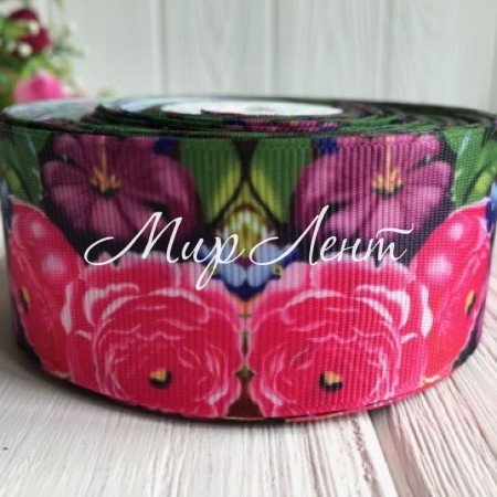 Репс 4 см, малиновые и фиолетовые цветы на черном, рулон 23 м