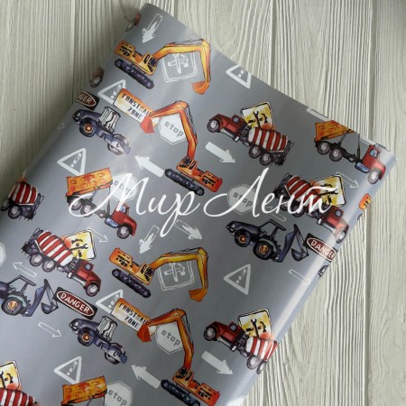 Подарочная бумага, 70х100 см, серая с грузовыми машинками, упаковка 2 шт.
