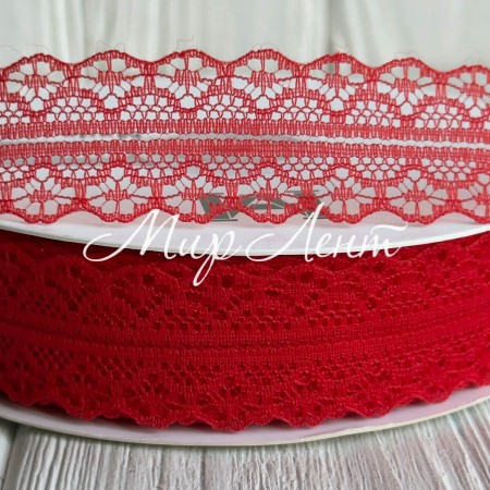 Кружево органзовое (D30328), 3 см, красное, рулон 45 м