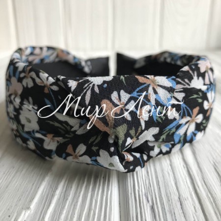 Обруч чалма шифон в цветочек, 4 см, черный, шт.