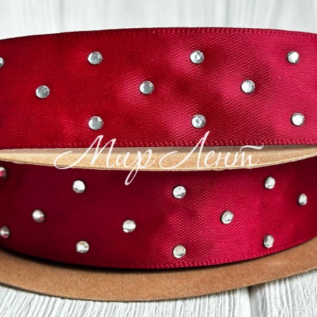 Атлас зі стразами, 2,5 см, бургунді, рулон 18,5 м