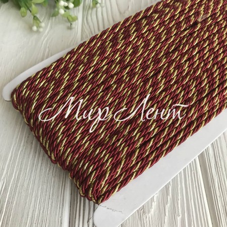 Шнур декоративный, 3 мм, бордовый с золотом, рулон 50 м