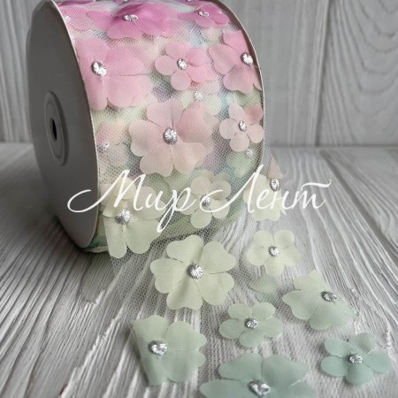 Лента из фатина с шифоновыми цветами, 7,5 см, желто-розовый, рулон 23 м