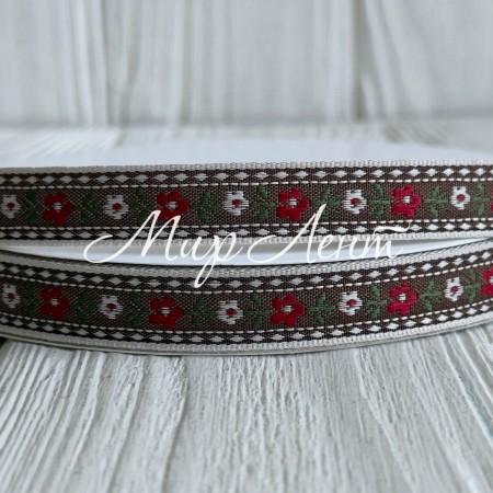 Стрічка з вишивкою (D19896), 1,5 см, коричнево-червона, рулон 23 м