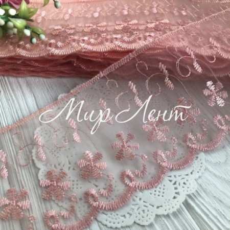 Кружево органзовое Беатрис, 8 см, персиковое, рулон 13,5 м