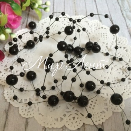 Бусины на леске, 3-8 мм, черные, упаковка 40 нитей