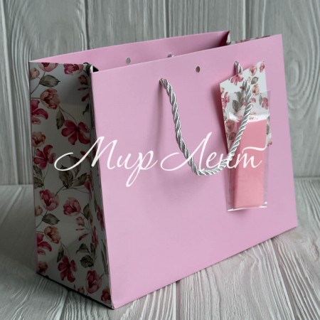 Подарунковий пакет з квітковим принтом (J01188), 18х23х10 см, рожевий, упаковка 12 шт. 