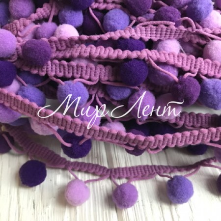 Тесьма с помпонами (big), 1,5 см, темно-фиолетовый-лиловый-фиолетовый, моток 28 ярдов