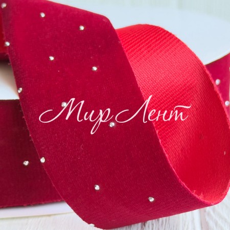 Лента велюр со стразами, 3,8 см, бордовая, рулон 45 м
