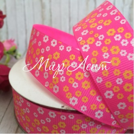 Репс 2,5 см, маленький цветочек, ярко-розовый, рулон 23 м