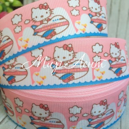 Репс 2,5 см, Китти в самолете, светло-розовый, рулон 23 м