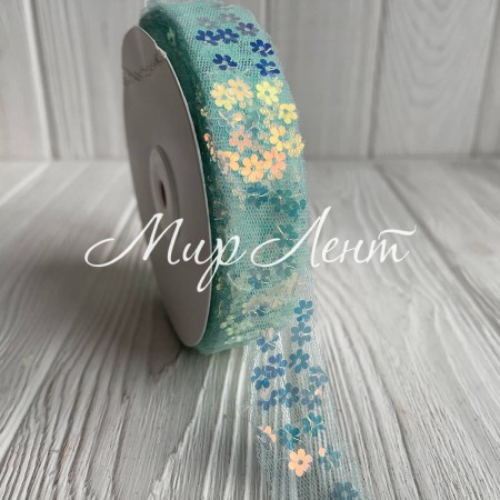 Лента из фатина з паетками, 2,5 см, мятный, рулон 23 м