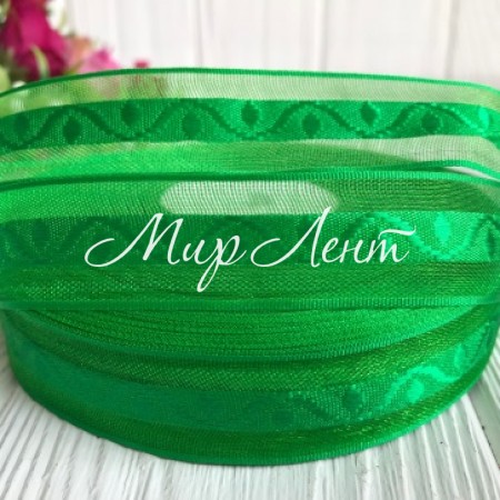 Органза с атласным узором, 2 см, зеленый, рулон 45 м