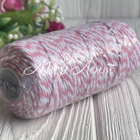 Хлопковый шнур, 2 мм, бело-розовый, рулон 100 м