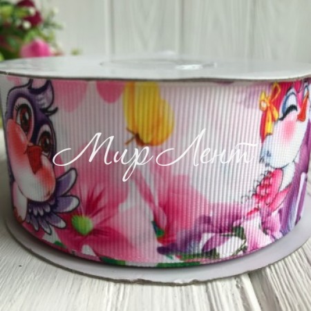 Репс 4 см, птицы с розовыми цветами на белом, рулон 23 м