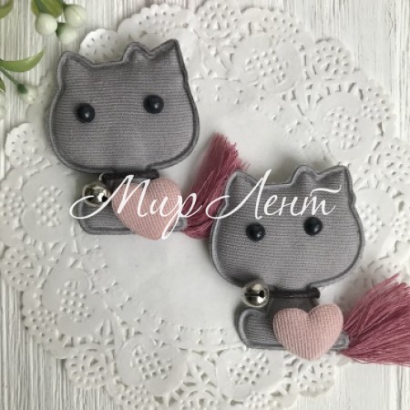 Аппликация тканевая котик с сердечком, 5 см, темно-серый, упаковка 20 шт.