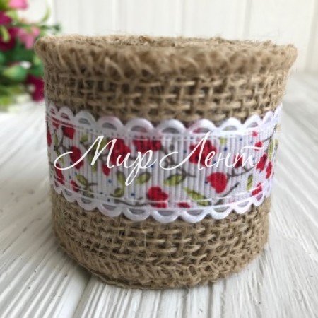 Лента мешковина с лентой-розочкой, 5 см, красный, рулон 2 ярда